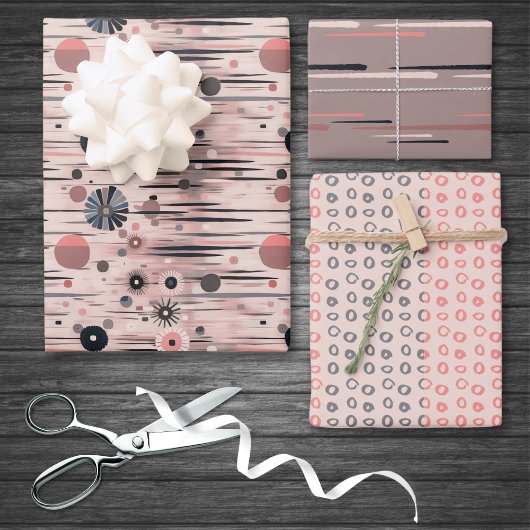 ミッドセンチュリーモダンフローラピンクパープルサークルライン ラッピングペーパーシート