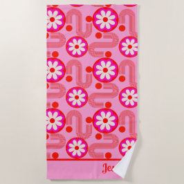 ミッドセンチュリーモダンフローラルパターン名ピンク ビーチタオル