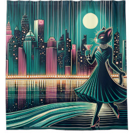 「ミッドセンチュリーモダンブラックキャットエレガンス」 シャワーカーテン