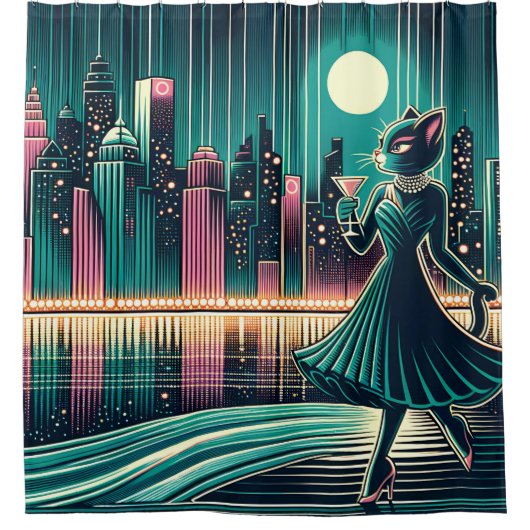 「ミッドセンチュリーモダンブラックキャットエレガンス」 シャワーカーテン (正面)