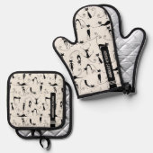 ミッドセンチュリーモダンブラックキャット 鍋つかみ&鍋敷きセット (正面/裏面)