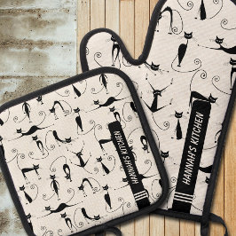 ミッドセンチュリーモダンブラックキャット 鍋つかみ&鍋敷きセット