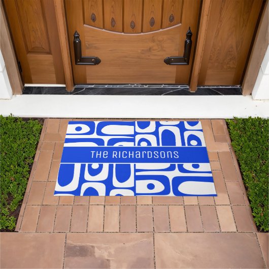 ミッドセンチュリーモダンブルーと白パーソナライズされた色 ドアマット (室外)