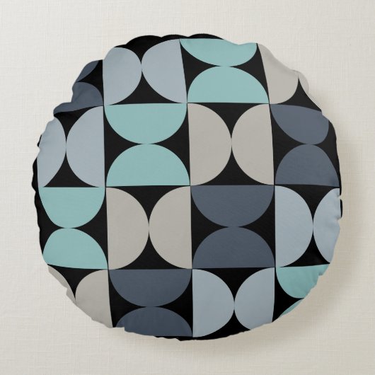ミッドセンチュリーモダンブルーグリーンとグレー ラウンドクッション (正面)
