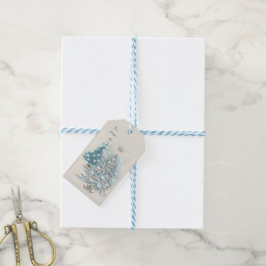 ミッドセンチュリーモダンブルーシルバークリスマスツリー ギフトタグ (より糸付き)