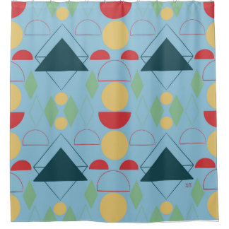 ミッドセンチュリーモダンブルージオメトリック シャワーカーテン