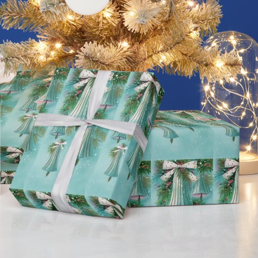 ミッドセンチュリーモダンブルーベルシルバーリボン ラッピングペーパー (クリスマス)