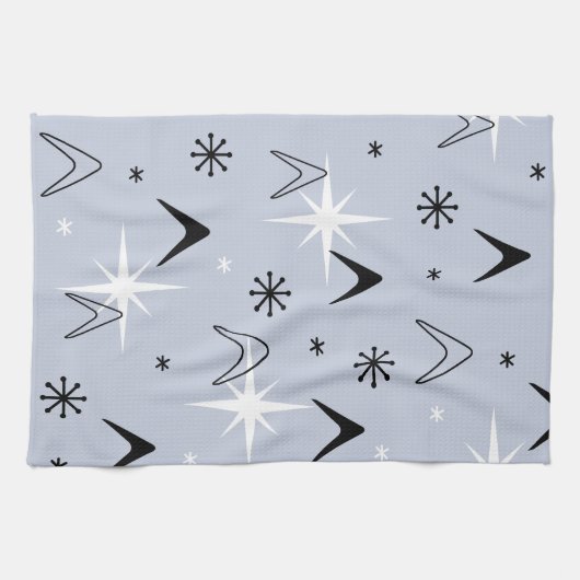 ミッドセンチュリーモダンブーメランズシルバーブルー キッチンタオル (横)
