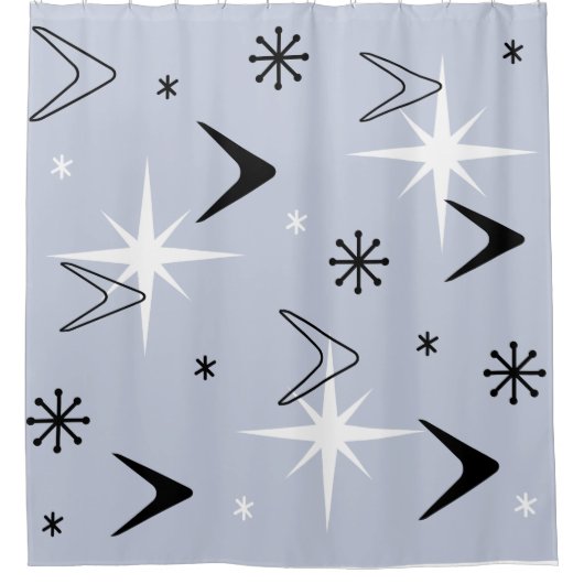 ミッドセンチュリーモダンブーメランズシルバーブルー シャワーカーテン (正面)