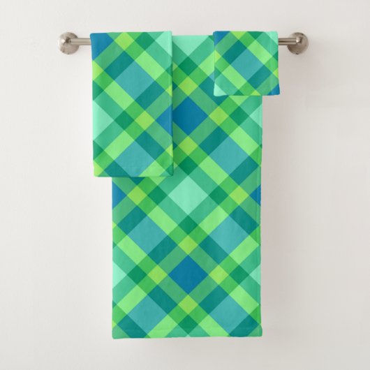 ミッドセンチュリーモダンプレイド、ジェードグリーン&ターコイズ バスタオルセット (インサイチュ)