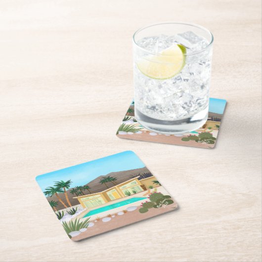 ミッドセンチュリーモダンプールハウス スクエアペーパーコースター (インサイチュ)