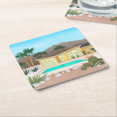 ミッドセンチュリーモダンプールハウス スクエアペーパーコースター (アングル)