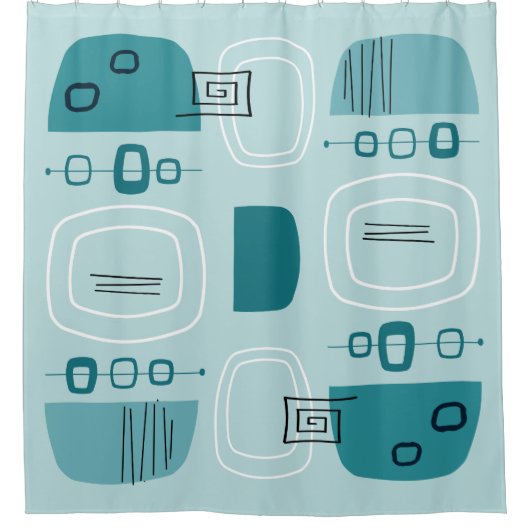 ミッドセンチュリーモダンボウル&ストーンズターコイズ シャワーカーテン (正面)