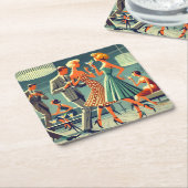 ミッドセンチュリーモダンマルティニダンスカクテルパーティー スクエアペーパーコースター (アングル)