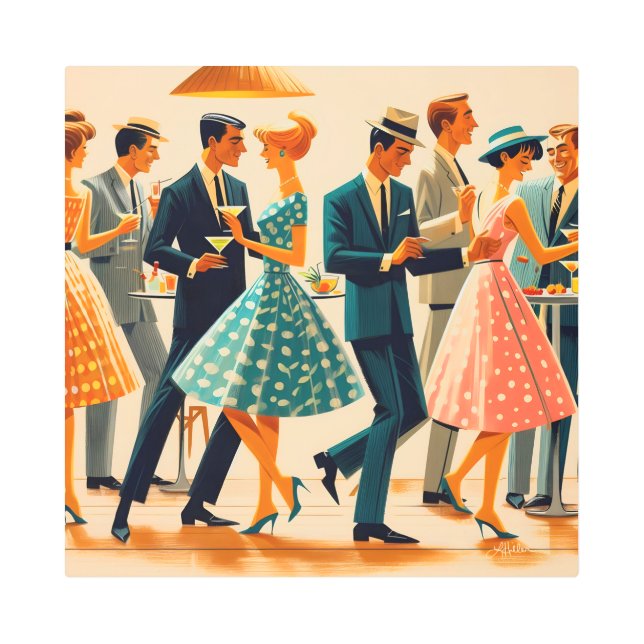 ミッドセンチュリーモダンマルティーニ踊りカクテルパーティー メタルプリント (正面)