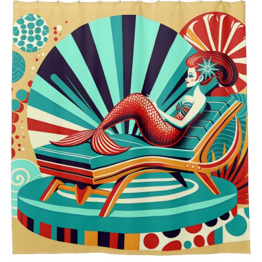 "ミッドセンチュリーモダンマーメイド – 鮮やかレトロアート" シャワーカーテン (正面)