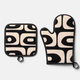 ミッドセンチュリーモダンミニマリストブラッククリームピケ 鍋つかみ&鍋敷きセット