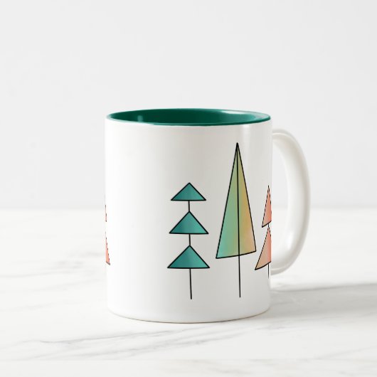 ミッドセンチュリーモダンレインボーツリーズ赤面ティール(緑がかった色)シンプル ツートーンマグカップ (正面右)