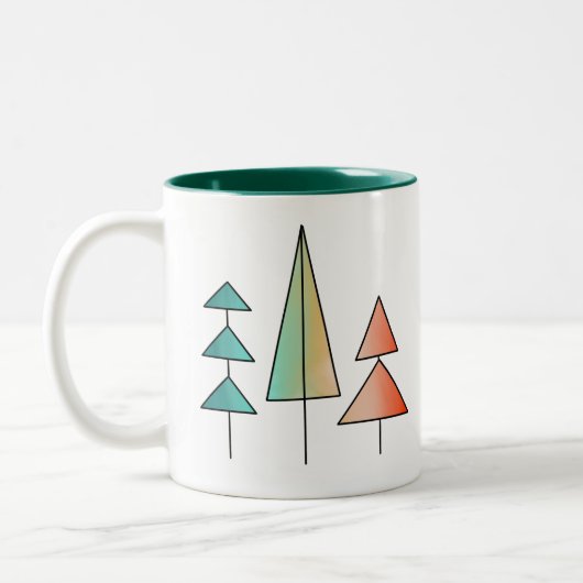 ミッドセンチュリーモダンレインボーツリーズ赤面ティール(緑がかった色)シンプル ツートーンマグカップ (左)