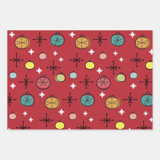 ミッドセンチュリーモダンレトロクリスマスアートレッド ラッピングペーパーシート (正面)