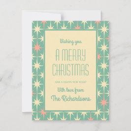 ミッドセンチュリーモダンレトロスターズクリスマスティール（緑がかった色）ピンク シーズンカード