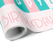 ミッドセンチュリーモダンレトロハッピーバースデーピンクブルー ラッピングペーパー (ロールコーナー)