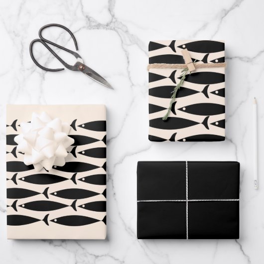 ミッドセンチュリーモダンレトロフィッシュブラック&アーモンドクリーム ラッピングペーパーシート (正面)