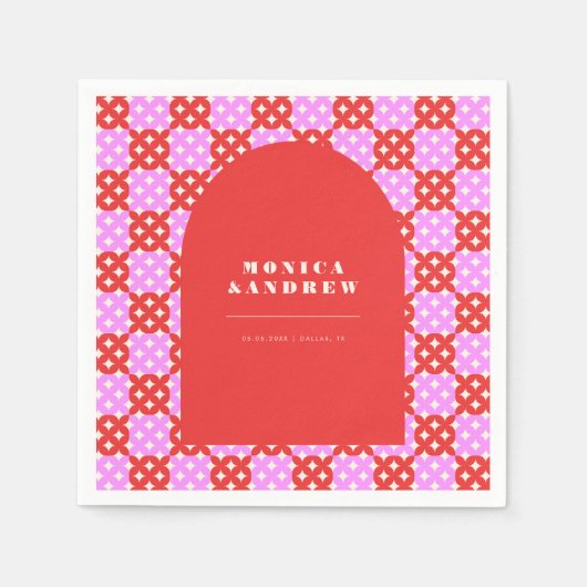 ミッドセンチュリーモダンレトロレッド&ピンクアーチジオメトリック スタンダードカクテルナプキン (正面)