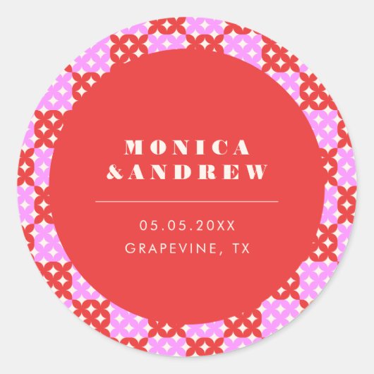 ミッドセンチュリーモダンレトロレッド&ピンク幾何学模様 ラウンドシール (正面)