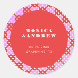 ミッドセンチュリーモダンレトロレッド&ピンク幾何学模様 ラウンドシール