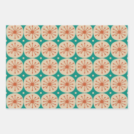 ミッドセンチュリーモダンレトロ原子ドットティール（緑がかった色）オレンジ ラッピングペーパーシート