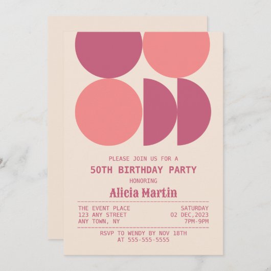 ミッドセンチュリーモダンレトロ幾何学的ベージュ誕生日 招待状 (正面/裏面)