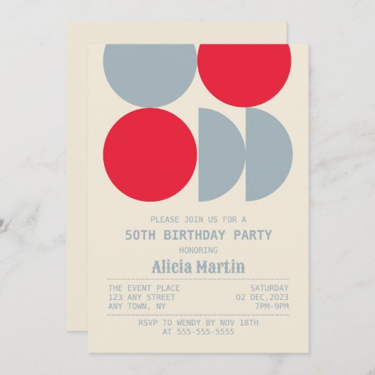 ミッドセンチュリーモダンレトロ幾何学誕生日 招待状 (正面/裏面)