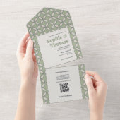 ミッドセンチュリーモダンレトロ結婚ズオリーブグリーン オールインワン招待状 (貼ってはがせる)