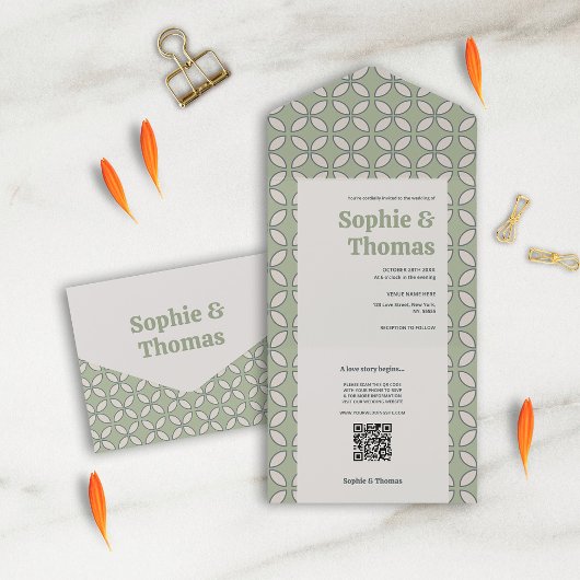 ミッドセンチュリーモダンレトロ結婚ズオリーブグリーン オールインワン招待状