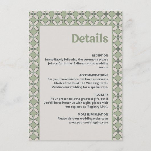 ミッドセンチュリーモダンレトロ結婚ズ詳細オリーブグリーン エンクロージャーカード (正面)