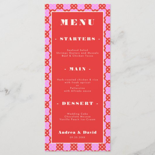 ミッドセンチュリーモダンレトロ赤とピンクアーチ結婚ズ メニュー (正面)