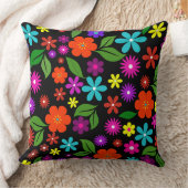 ミッドセンチュリーモダンレト鮮やかフローラブラック クッション (ブランケット)