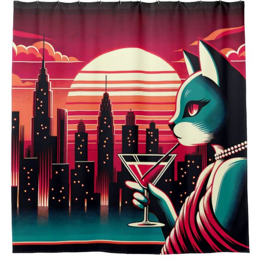 「ミッドセンチュリーモダンヴィンテージの夕焼け猫」 シャワーカーテン (正面)