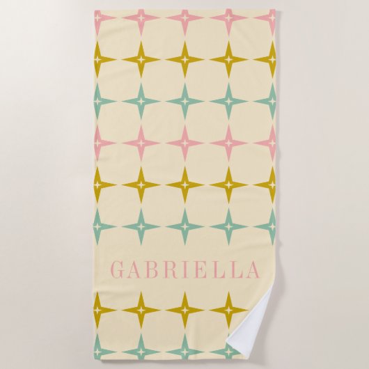 ミッドセンチュリーモダンヴィンテージパステルスターズパーソナライズされた ビーチタオル (正面)