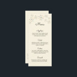 ミッドセンチュリーモダンヴィンテージ結婚スタイルのメニュー メニュー<br><div class="desc">美しいメニューを作エレガントパーソナライズされた成す結婚。ミッドセンチュリーのスタイルデザインを備えたおもしろいレトロな雰囲気モダンを特徴とするメニューカード。原子カラフル的なアスタリス飾クまたはスノーフレークの形状。黒いアスタリスクの形は、青、マゼンタ、緑、オレンジ、黄色の円で縁取られている。テンプレートフィールドを使用すると、情報を簡単にカスタマイズできる。</div>