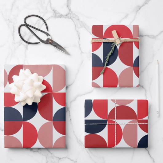 ミッドセンチュリーモダン抽象芸術パターンブルゴーニュ&ブルー ラッピングペーパーシート (正面)