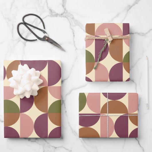 ミッドセンチュリーモダン抽象芸術パターン紫と茶色 ラッピングペーパーシート (正面)
