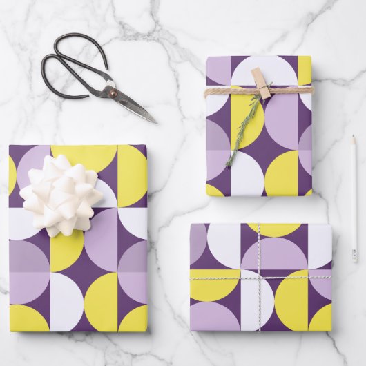 ミッドセンチュリーモダン抽象芸術パターン紫と黄 ラッピングペーパーシート (正面)