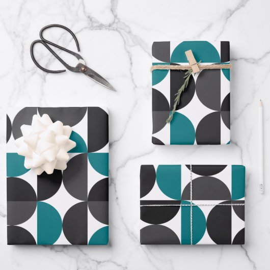 ミッドセンチュリーモダン抽象芸術パターン青と白 ラッピングペーパーシート (正面)
