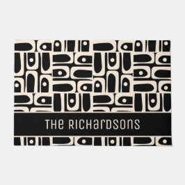 ミッドセンチュリーモダン抽象芸術ブラック&クリームピケ ドアマット