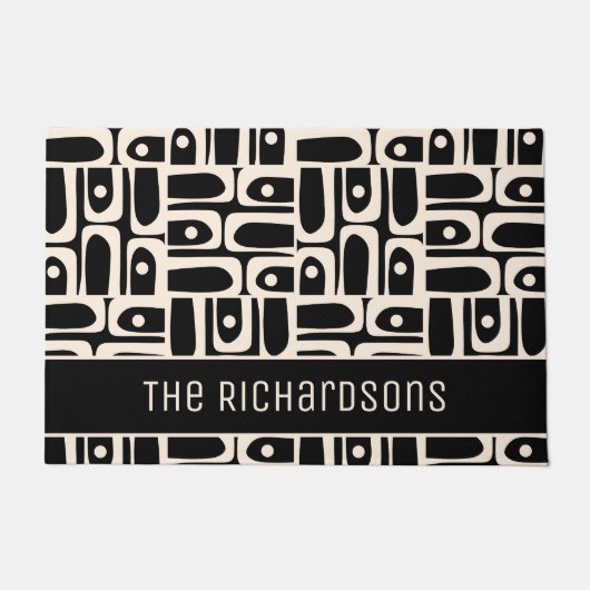 ミッドセンチュリーモダン抽象芸術ブラック&クリームピケ ドアマット (正面)