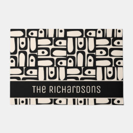 ミッドセンチュリーモダン抽象芸術ブラック&クリームピケ ドアマット