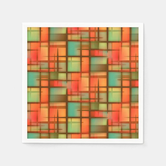 ミッドセンチュリーモダン抽象芸術プレイドレッドブルーグリーン スタンダードカクテルナプキン (正面)