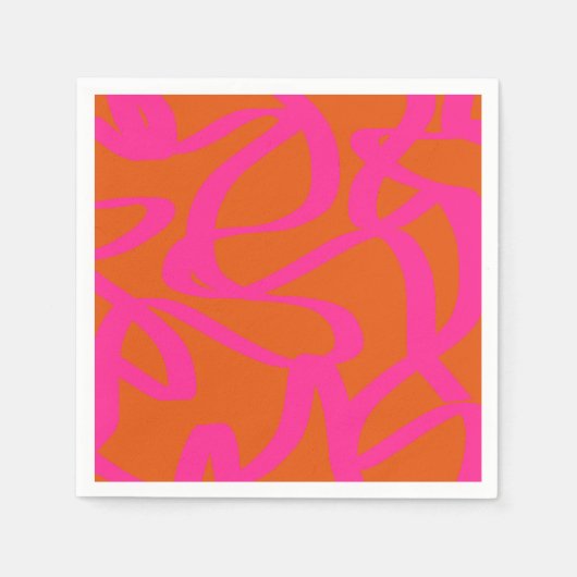 ミッドセンチュリーモダン抽象芸術ラインオレンジとピンク スタンダードカクテルナプキン (正面)